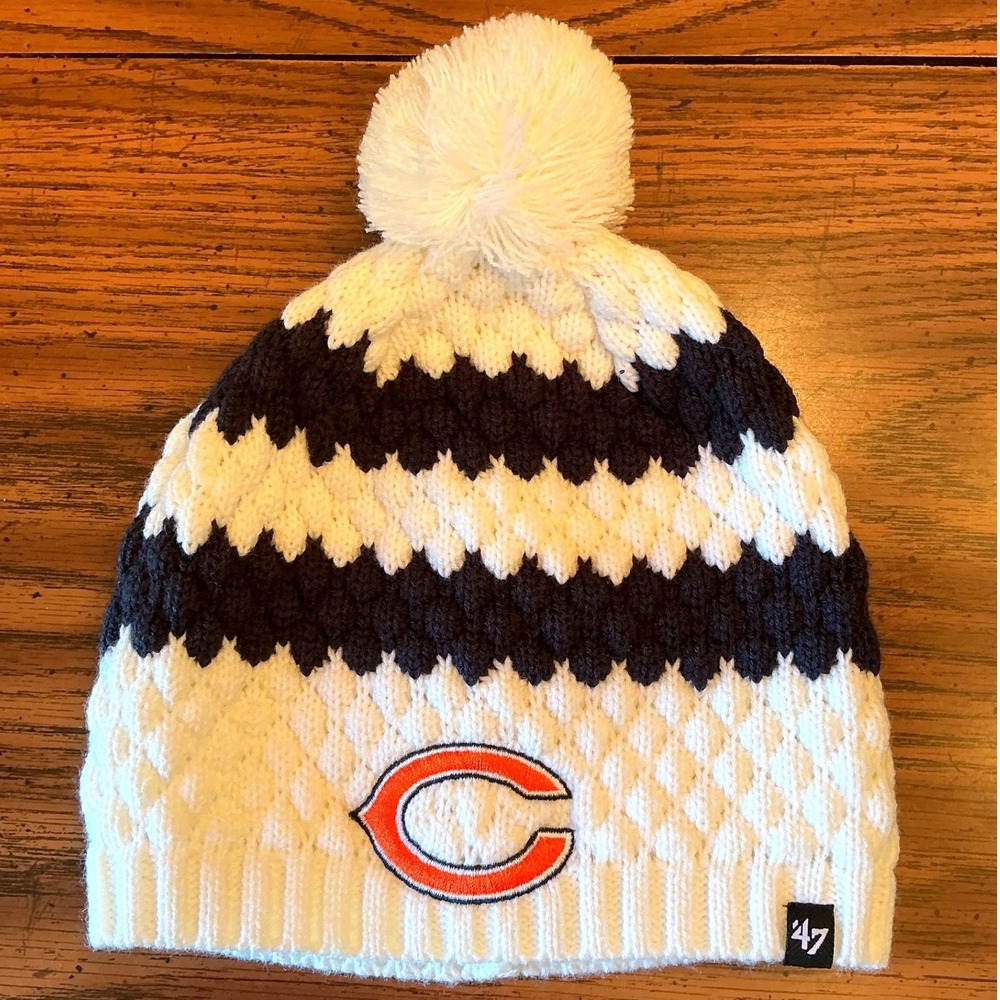 '47 Brand Chicago Bears Beanie Women OS Cream Navy Excellent Pom Knit Hat